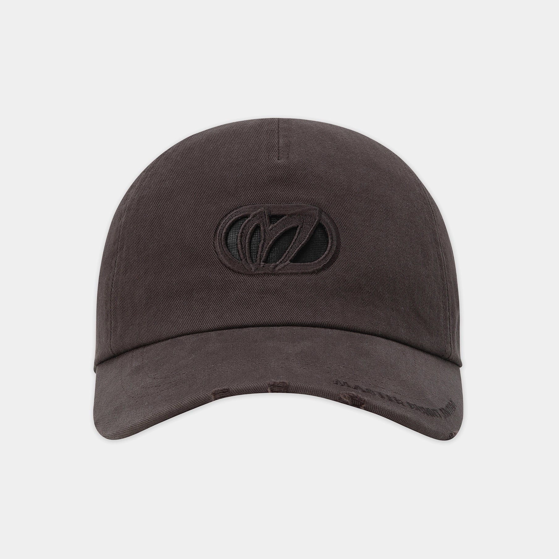 A dark brown distressed baseball cap with a tonal black embroidered logo on the front, shown against a light gray background.