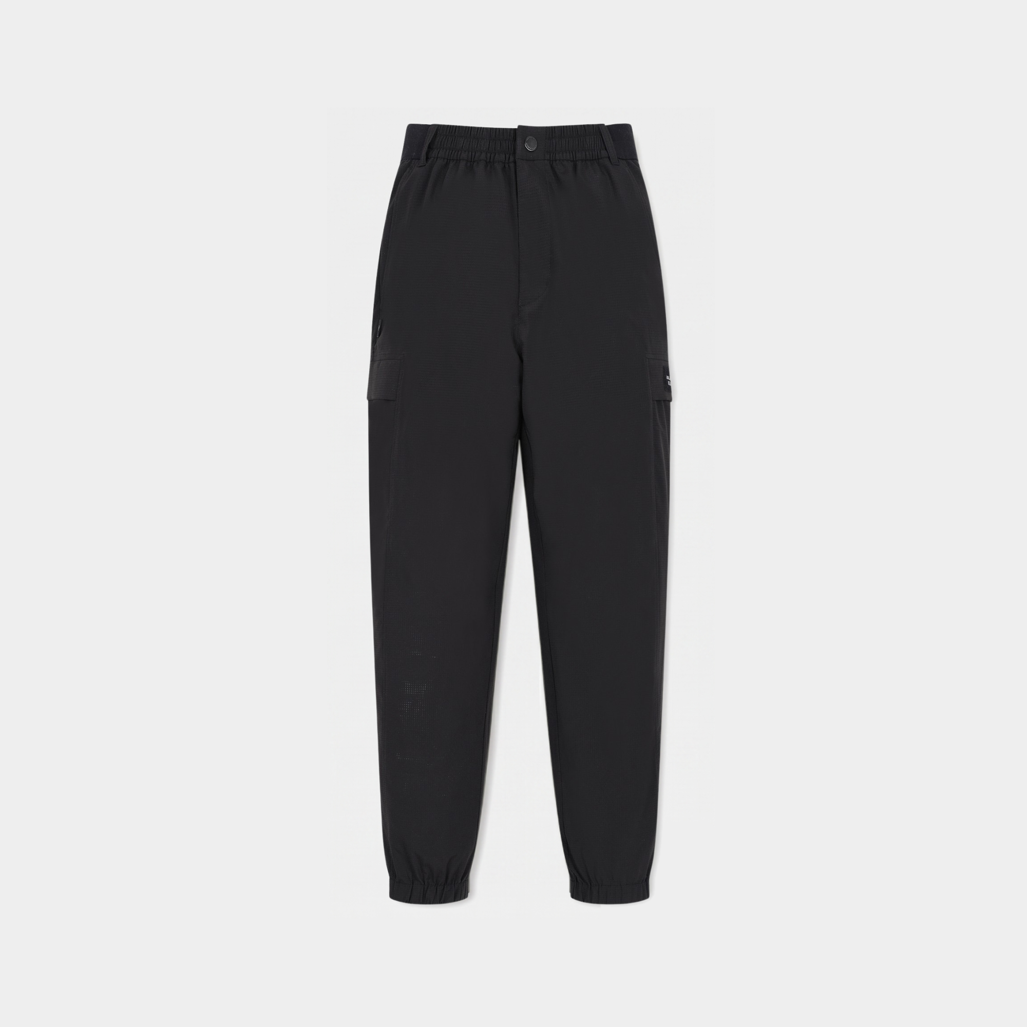 Black tapered pants with an elastic waistband and side cargo pockets, shown flat against a light gray background.