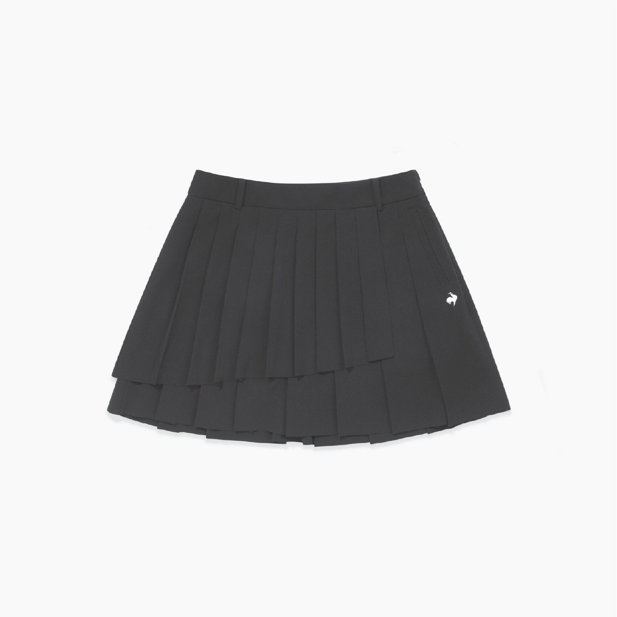 A black pleated mini skirt with a small white embroidered logo on the left side, displayed flat against a light gray background.