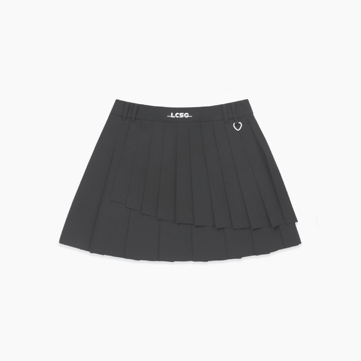A dark gray pleated mini skirt with a white 'LCSG' logo on the waistband and a small white heart detail, shown flat on a light gray background.