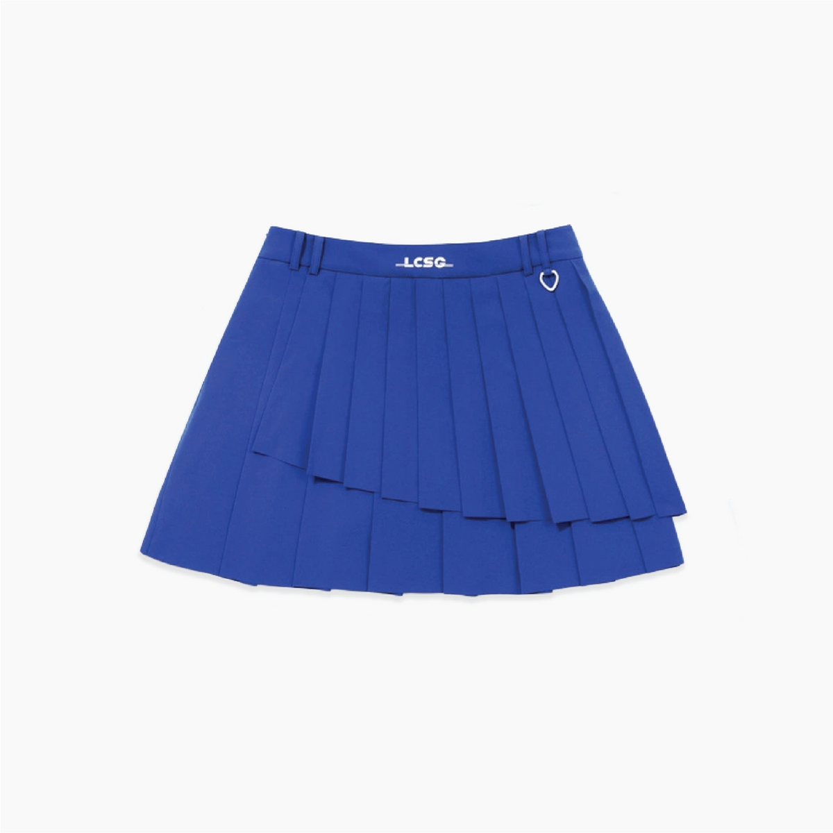 A royal blue pleated tennis skirt with a double-layered ruffle design, featuring a white 'LCSG.' logo on the front waistband and a small white heart detail on the right side, shown against a plain white background.