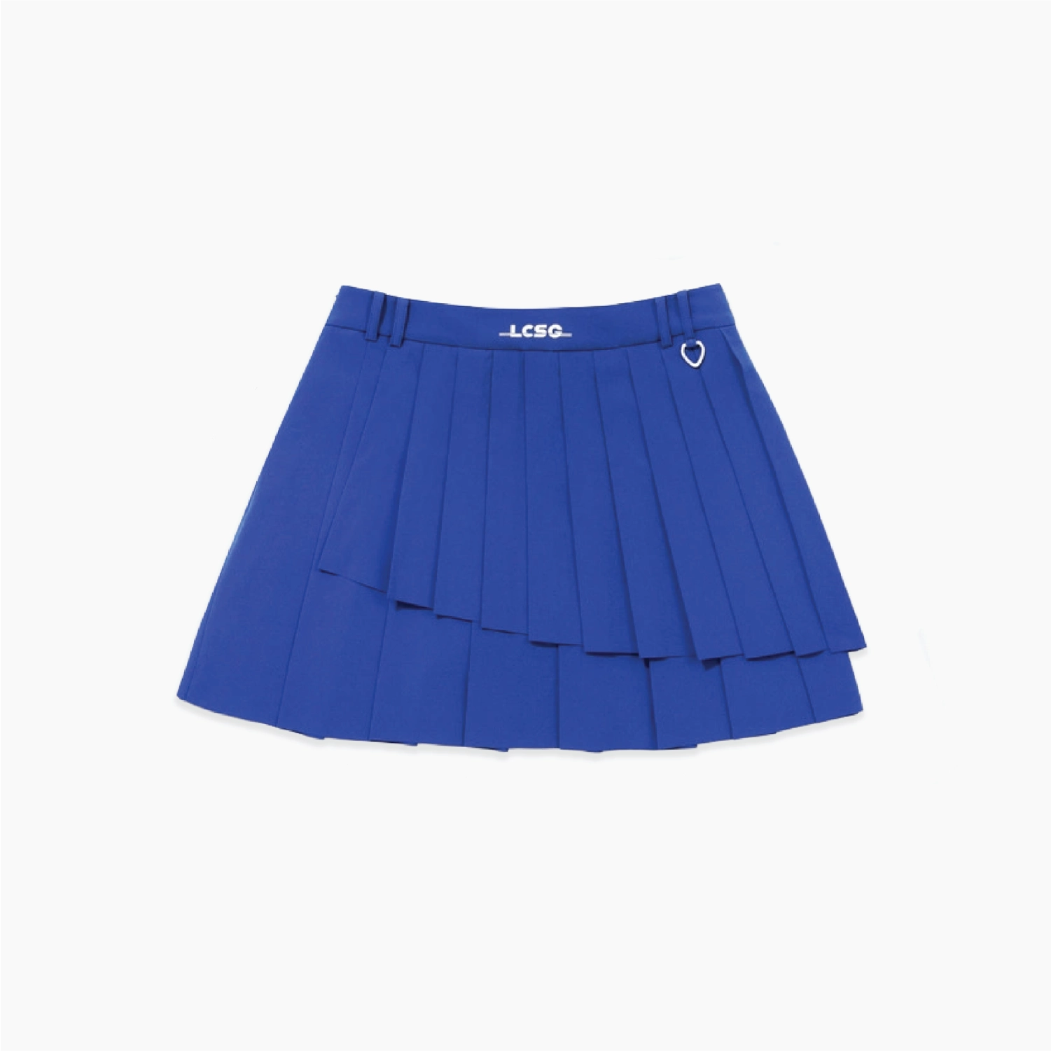 A royal blue pleated tennis skirt with a double-layered ruffle design, featuring a white 'LCSG.' logo on the front waistband and a small white heart detail on the right side, shown against a plain white background.