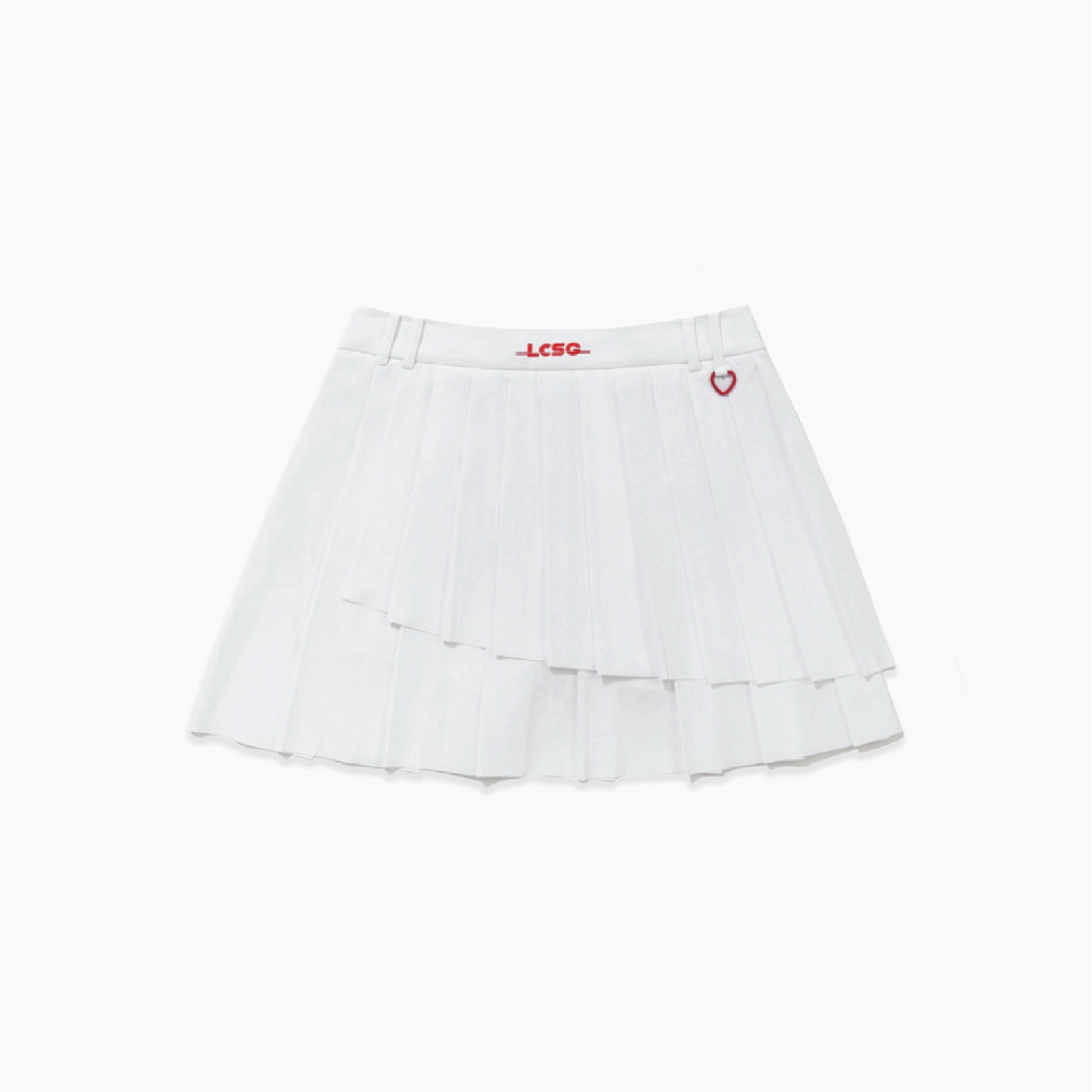A white pleated tennis skirt with a double-layered ruffle design, featuring red embroidered text 'LCSG' on the waistband and a small red heart on the right side, set against a plain white background.