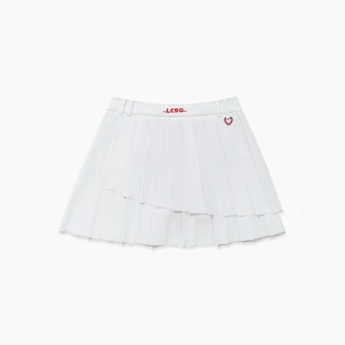 A white pleated tennis skirt with a double-layered ruffle design, featuring red embroidered text 'LCSG' on the waistband and a small red heart on the right side, set against a plain white background.