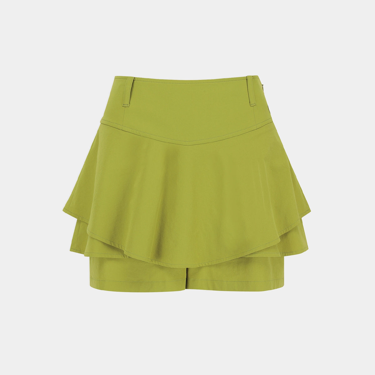 A lime green tiered ruffle mini skirt with matching shorts underneath, shown flat against a light gray background.