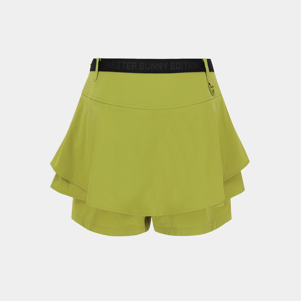 A lime green athletic skirt with a black elastic waistband featuring the text 'MISTER BUNNY EDITION' in black, shown against a light gray background.