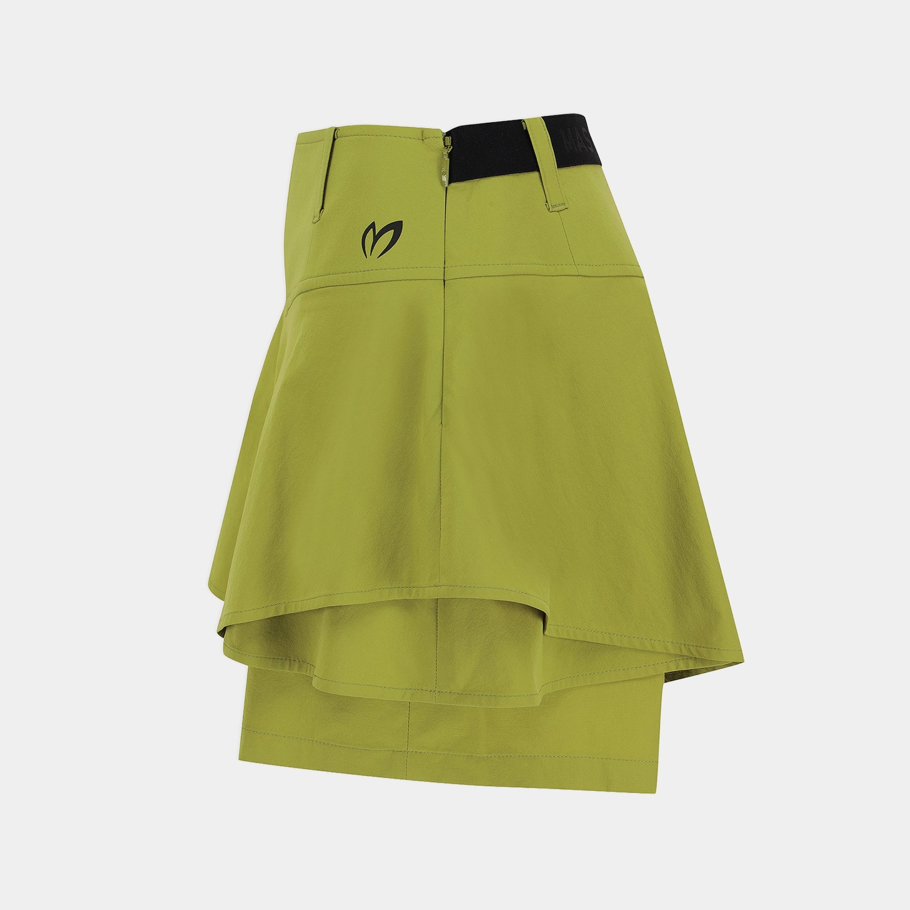 A lime green athletic skirt with a black waistband and a black logo on the front, displayed against a light gray background.