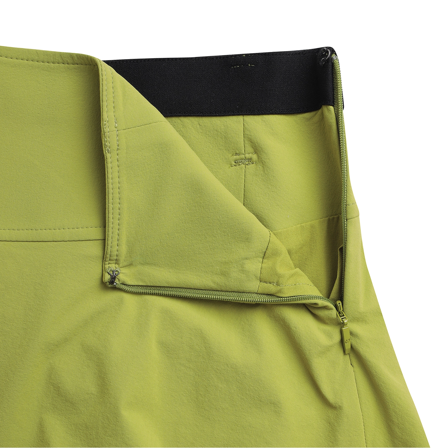 Close-up of a pair of olive green outdoor pants showing the waistband, a black inner lining, and a zippered pocket detail on a white background.