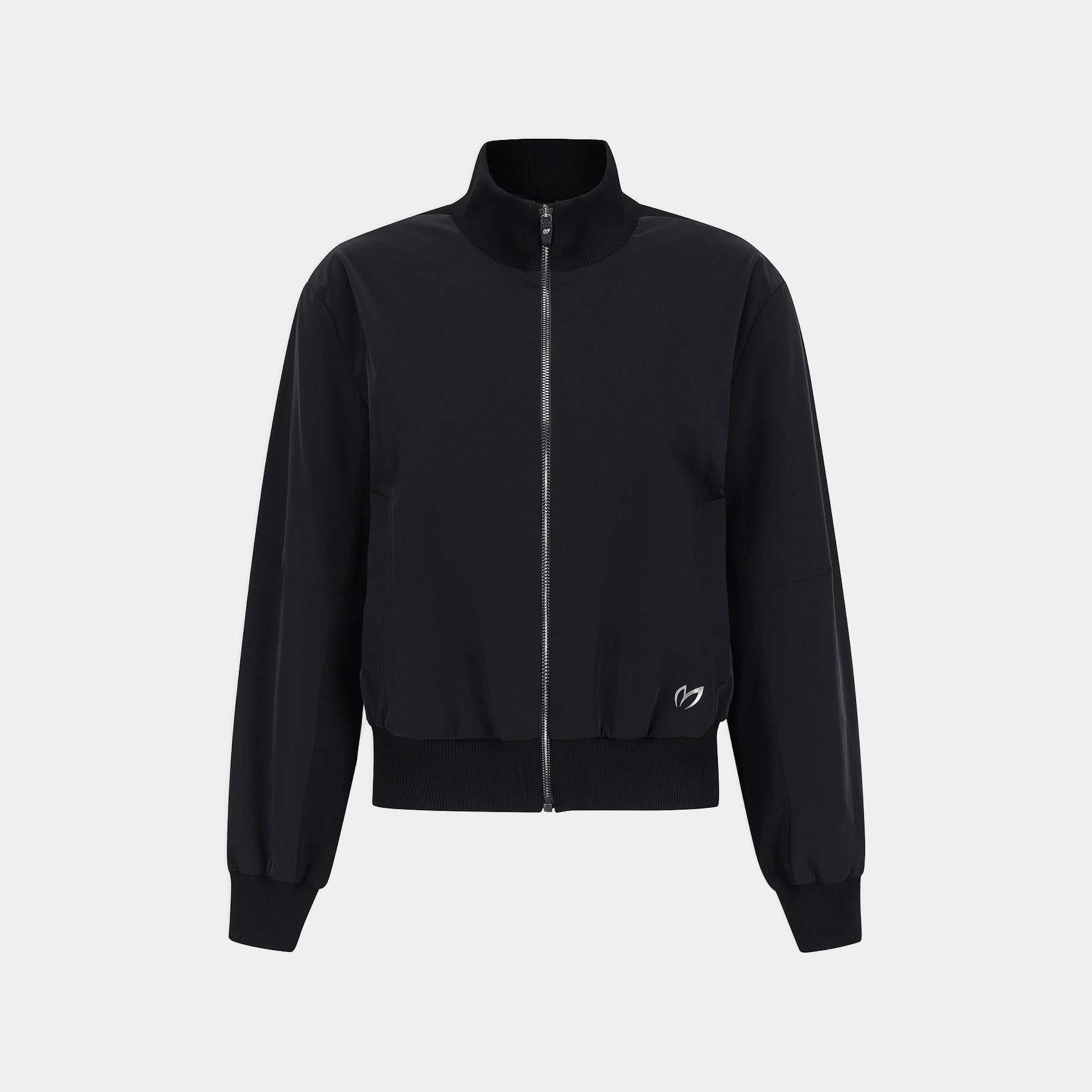 A black zip-up jacket with a stand-up collar, ribbed cuffs and hem, and a small white logo on the lower right front, shown against a light gray background.