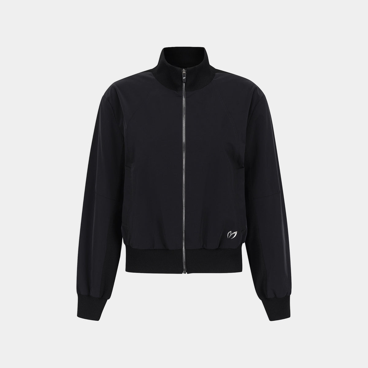 A black zip-up jacket with a stand-up collar, ribbed cuffs and hem, and a small white logo on the lower right front, shown against a light gray background.