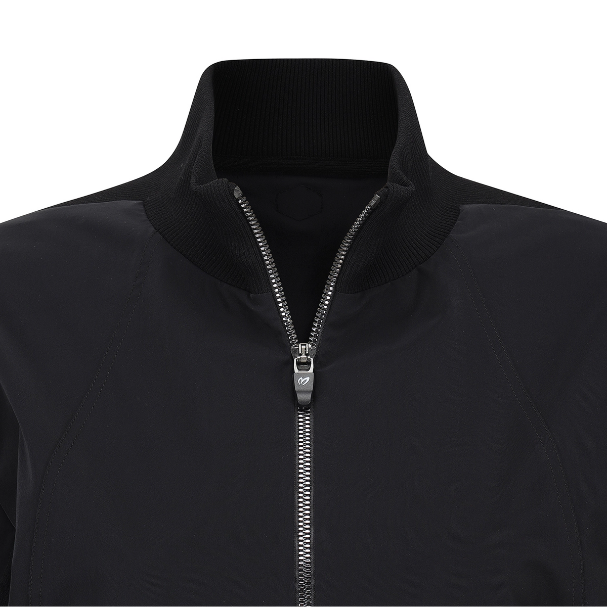 Close-up of a black zip-up jacket with a ribbed stand collar and a silver metal zipper pull, shown against a plain white background.