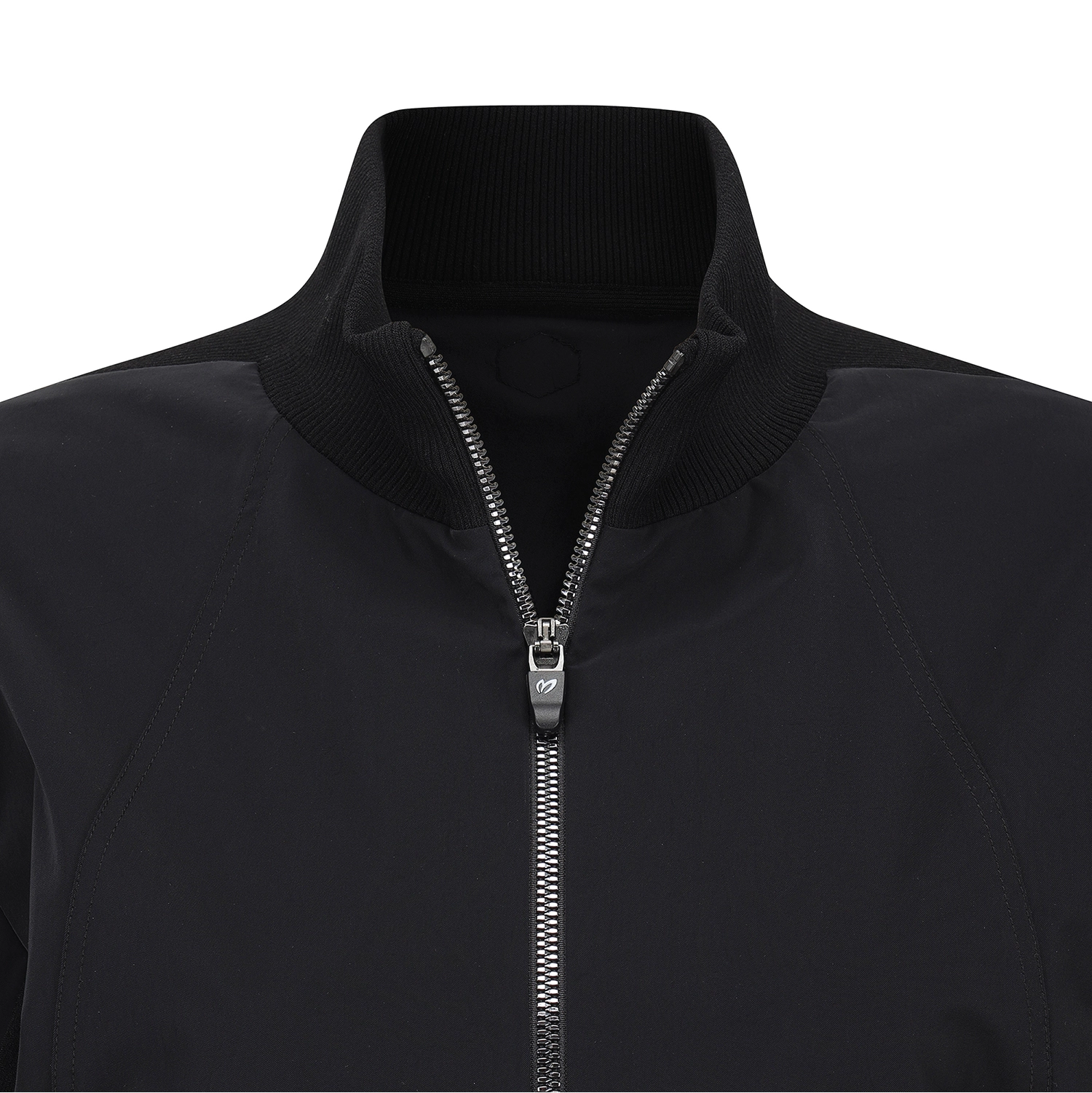 Close-up of a black zip-up jacket with a ribbed stand collar and a silver metal zipper pull, shown against a plain white background.