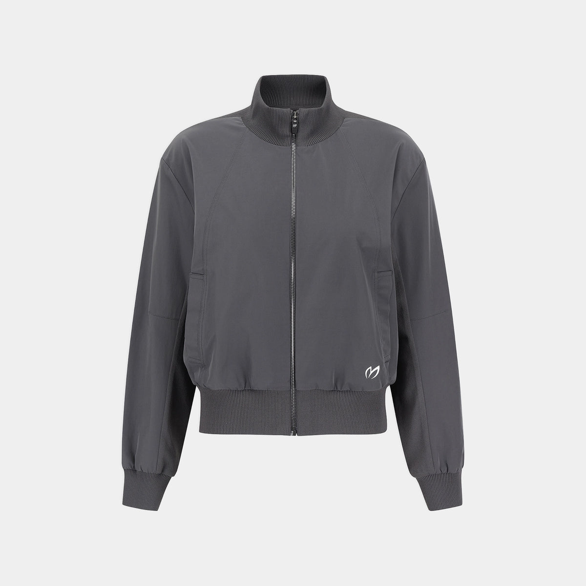 A dark gray zip-up jacket with a stand collar, ribbed cuffs and hem, and a small white logo on the lower left front, shown against a light gray background.