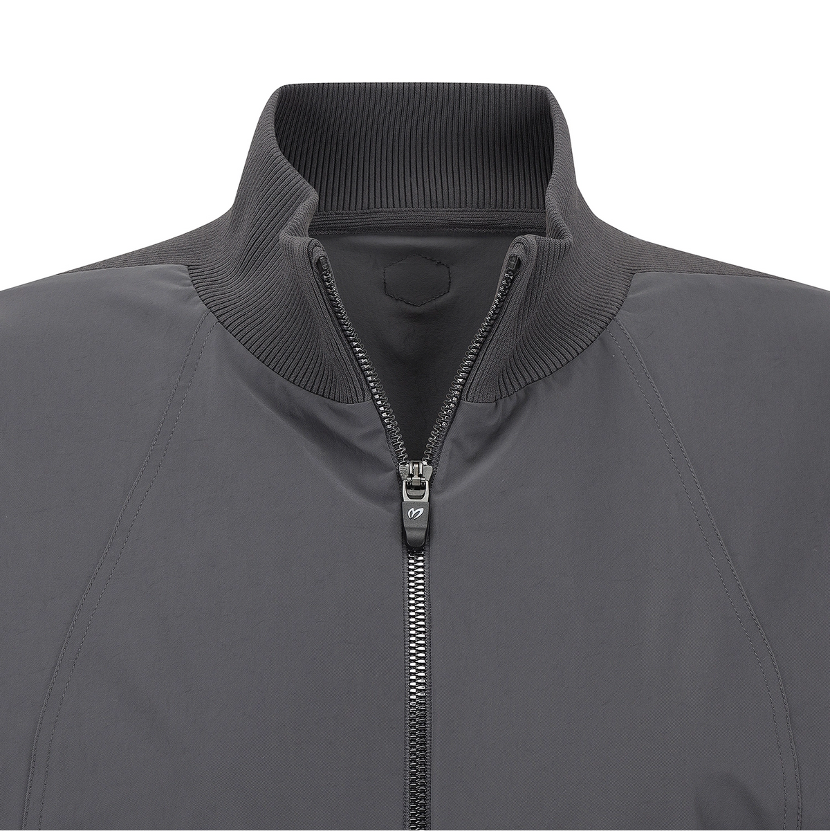 Close-up of a dark gray zip-up jacket with a ribbed stand collar and a silver zipper pull, shown against a plain white background.