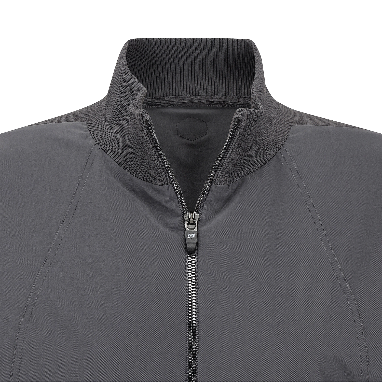 Close-up of a dark gray zip-up jacket with a ribbed stand collar and a silver zipper pull, shown against a plain white background.