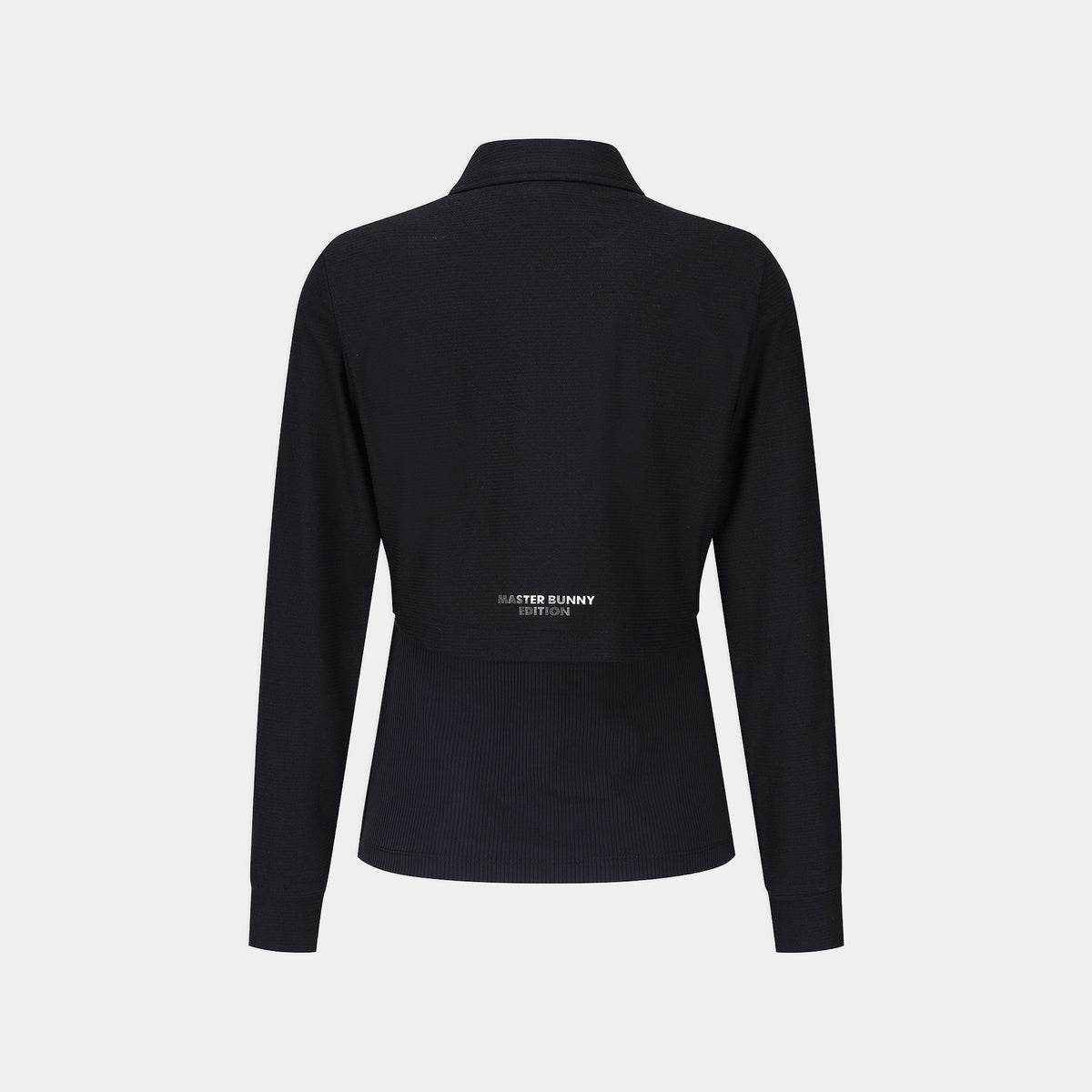 A black long-sleeve ribbed knit top shown from the back, featuring a small white 'MASTER BUNNY EDITION' logo printed on the lower back, set against a light gray background.