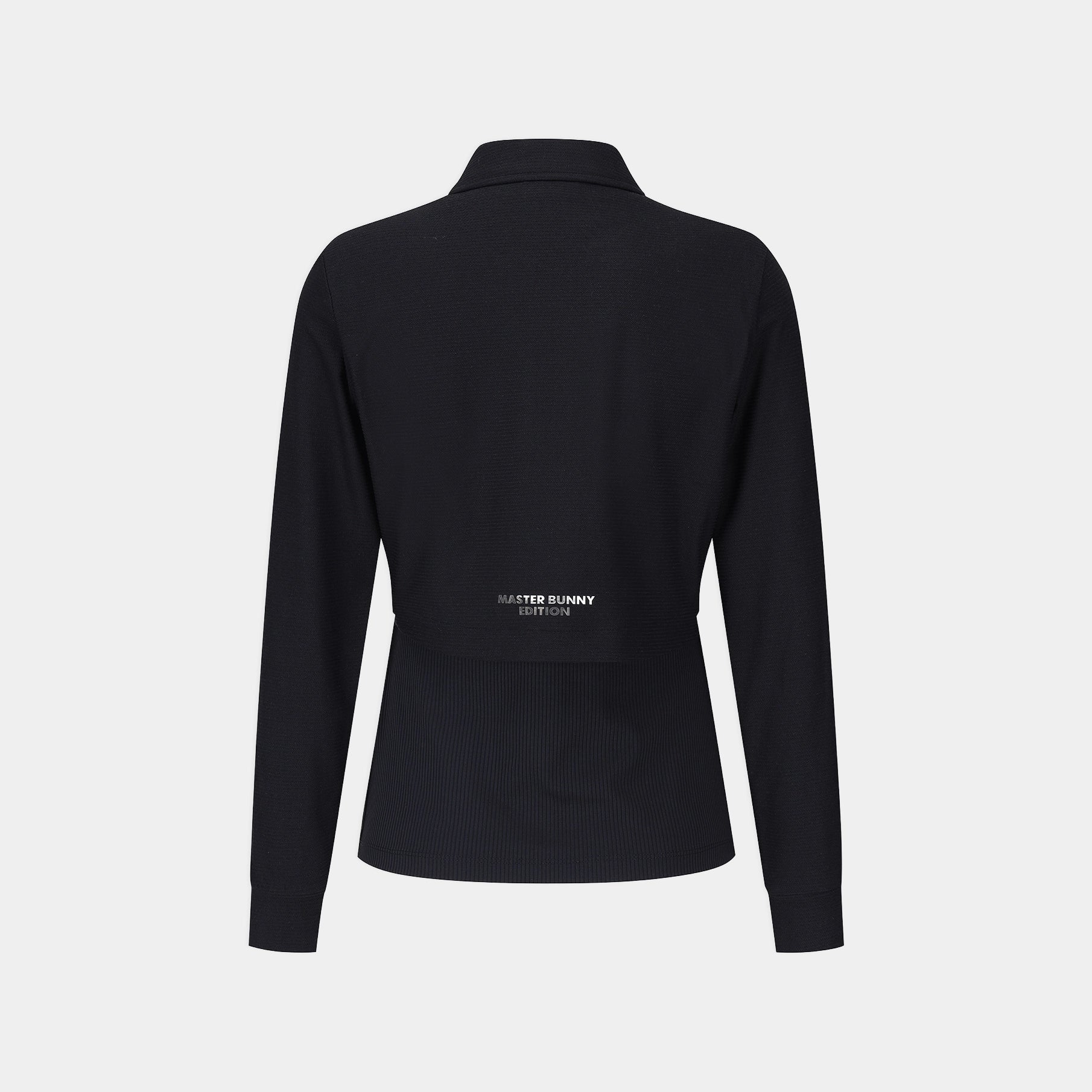 A black long-sleeve ribbed knit top shown from the back, featuring a small white 'MASTER BUNNY EDITION' logo printed on the lower back, set against a light gray background.