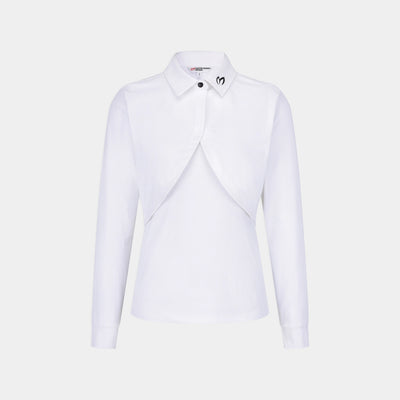 A white long-sleeve collared blouse with a unique draped, asymmetrical front overlay, shown on a light gray background.