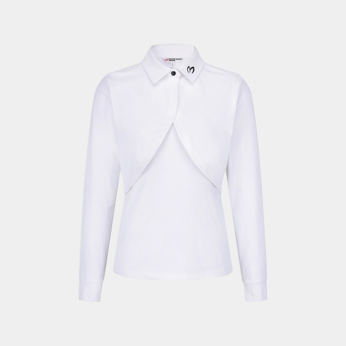 A white long-sleeve collared blouse with a unique draped, asymmetrical front overlay, shown on a light gray background.