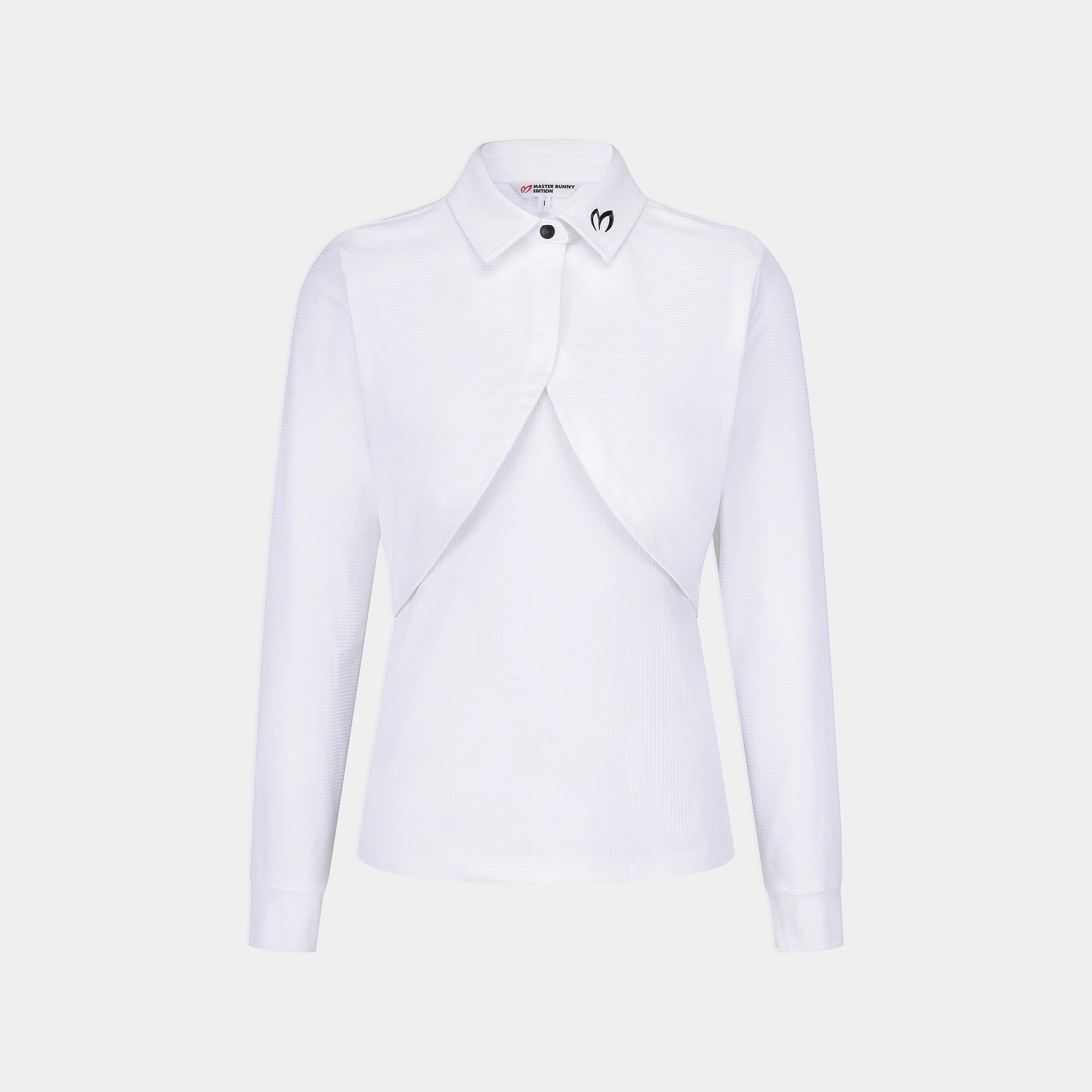 A white long-sleeve collared blouse with a unique draped, asymmetrical front overlay, shown on a light gray background.
