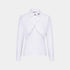 A white long-sleeve collared blouse with a unique draped, asymmetrical front overlay, shown on a light gray background.