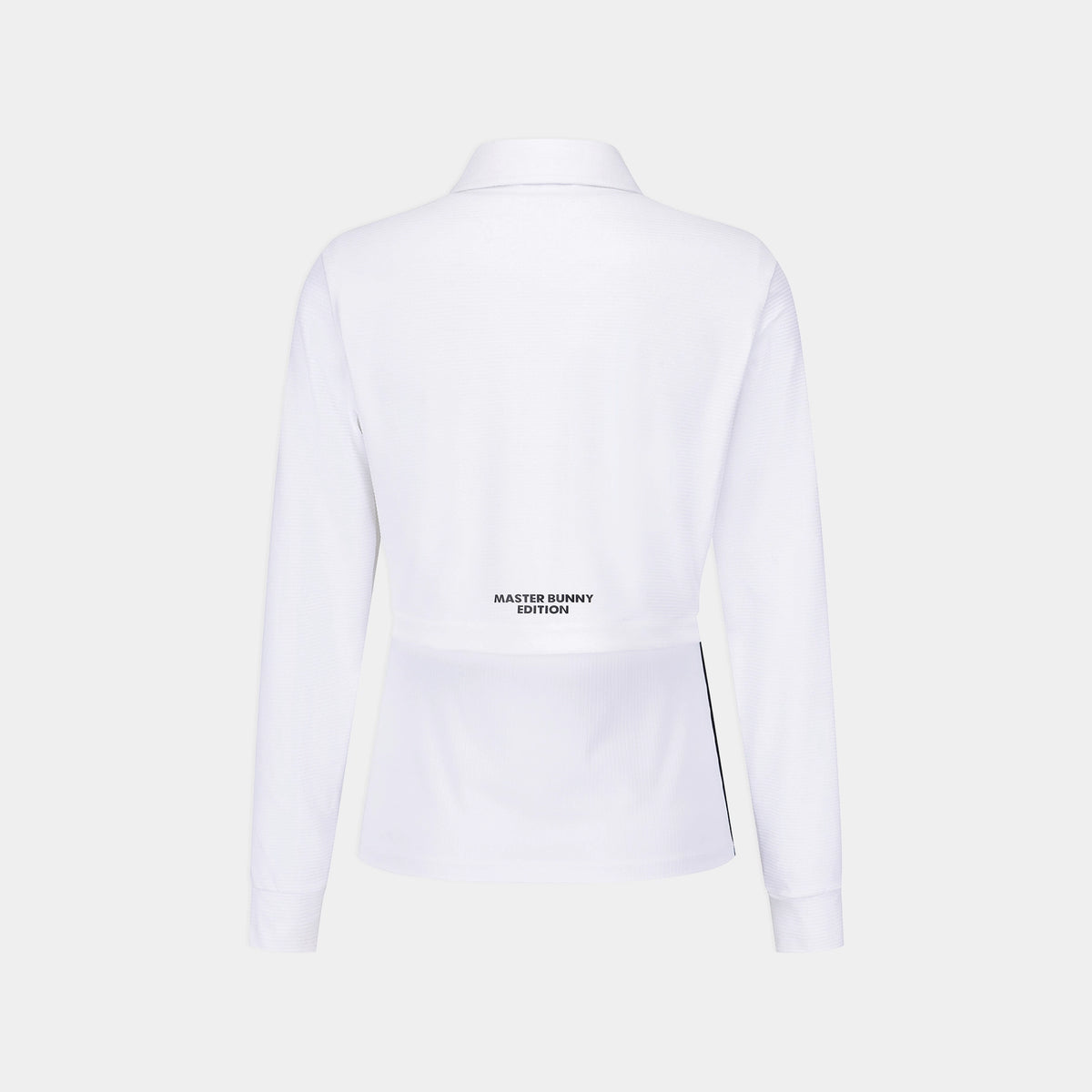 White long-sleeve collared shirt shown from the back, featuring a small black 'MASTER BUNNY EDITION' logo near the lower back and a thin black side stripe, on a light gray background.