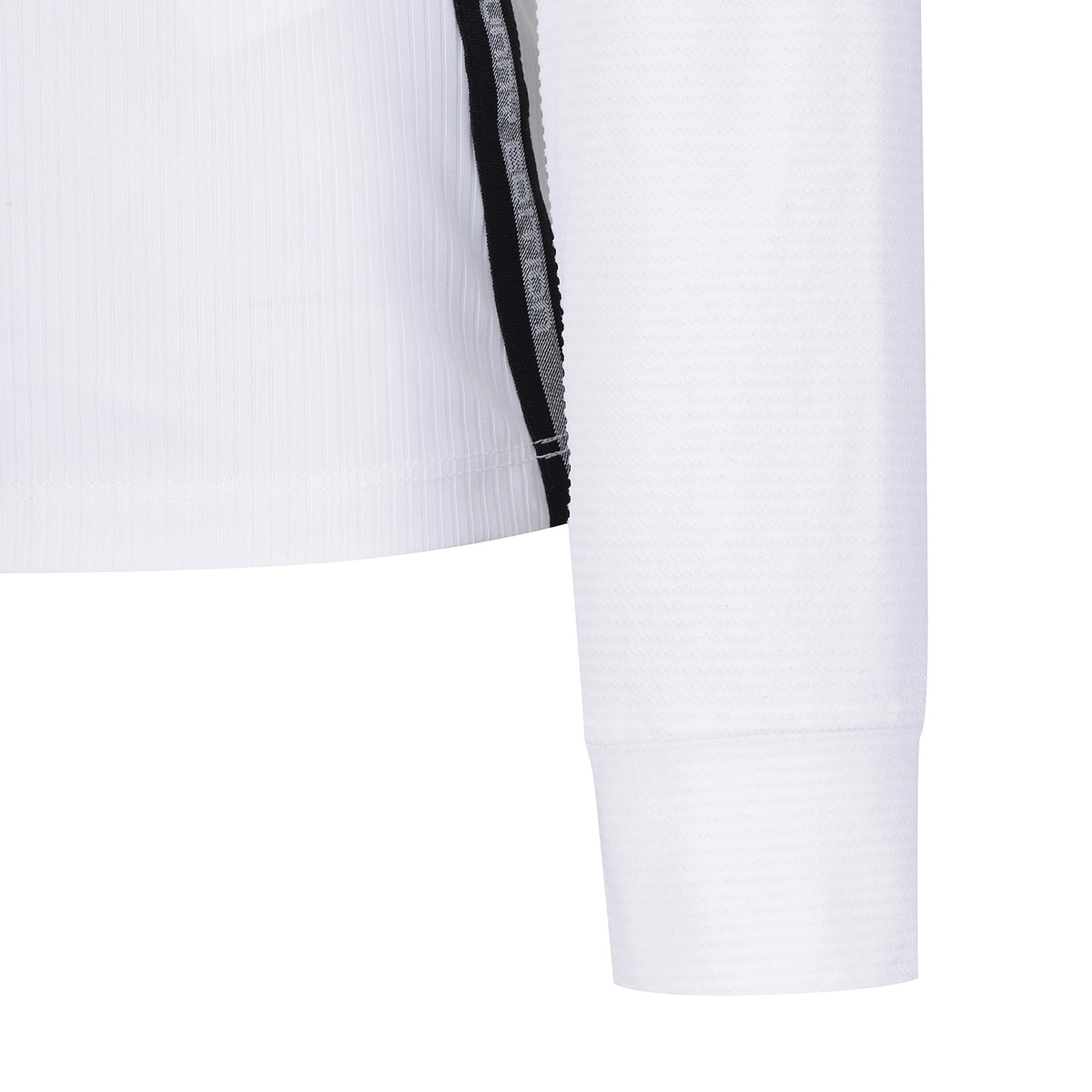 Close-up of a white long-sleeve shirt showing the sleeve cuff and side seam detail with a black and gray striped accent stripe.