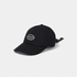 A black baseball cap with a curved brim and a small white embroidered oval &