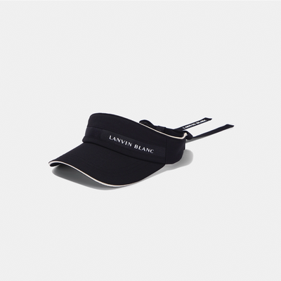 A black visor hat with white trim and the brand name 'LANVIN BLANC' printed in white on the front band, shown on a light gray background.