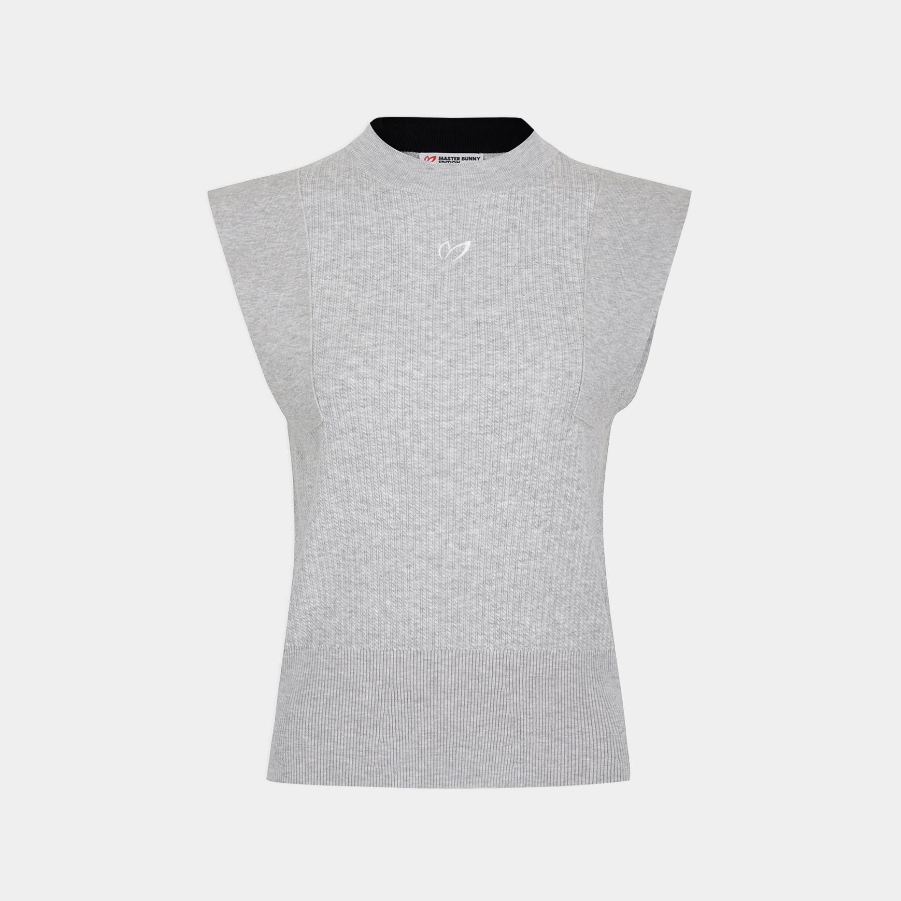 A light gray sleeveless ribbed knit top with a mock neck, featuring a small white logo on the chest and a black inner collar lining, shown against a light gray background.