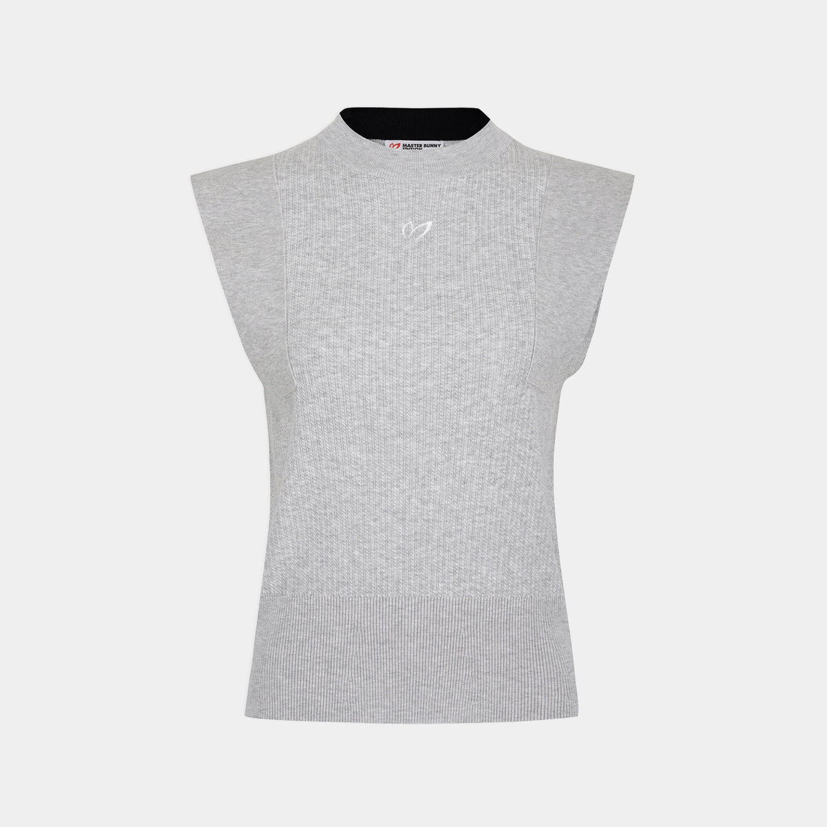 A light gray sleeveless ribbed knit top with a mock neck, featuring a small white logo on the chest and a black inner collar lining, shown against a light gray background.