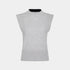 A light gray sleeveless ribbed knit top with a mock neck, featuring a small white logo on the chest and a black inner collar lining, shown against a light gray background.