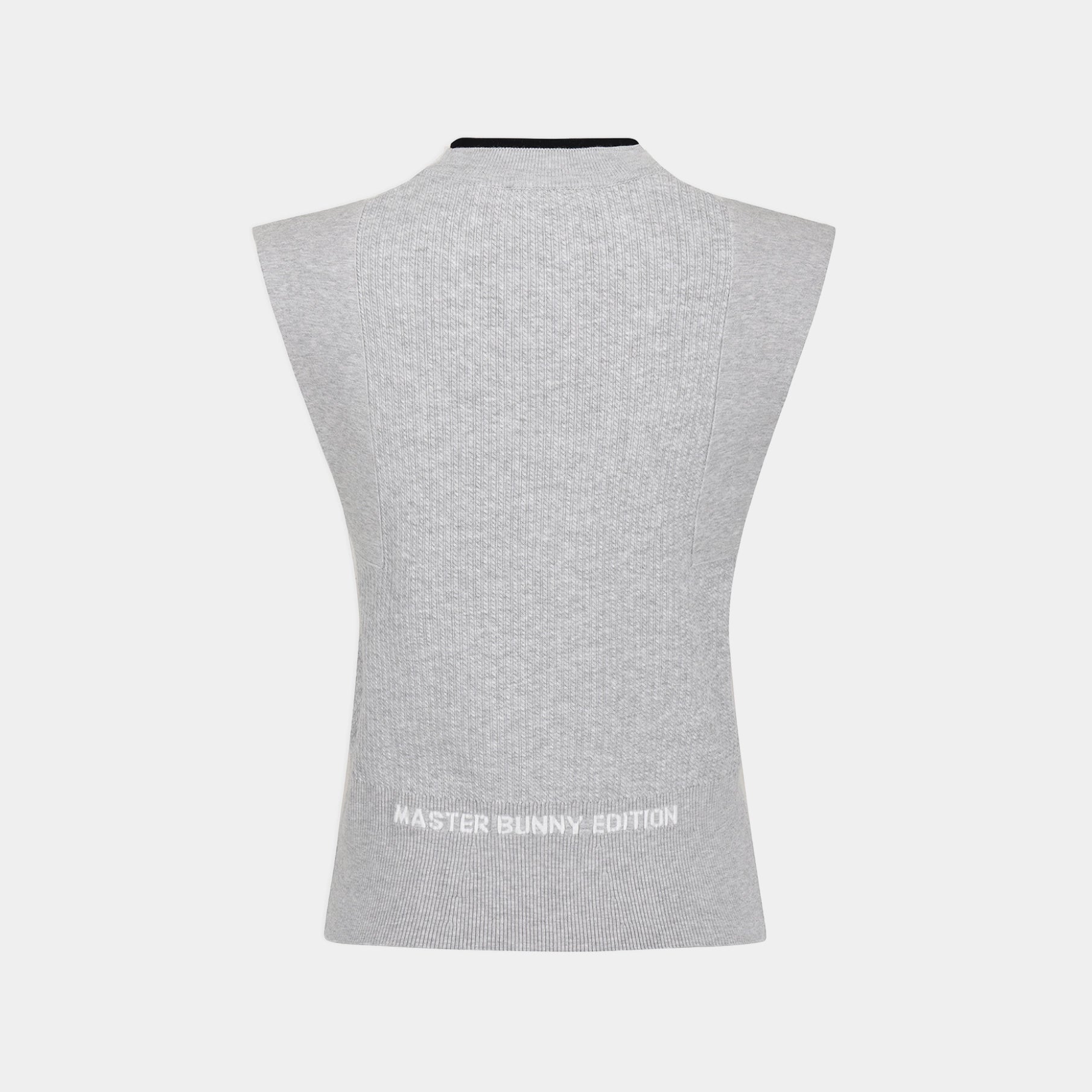 A light gray sleeveless ribbed knit top with a mock neck, shown from the back. The bottom features the text 'MASTER BUNNY EDITION' printed in white.