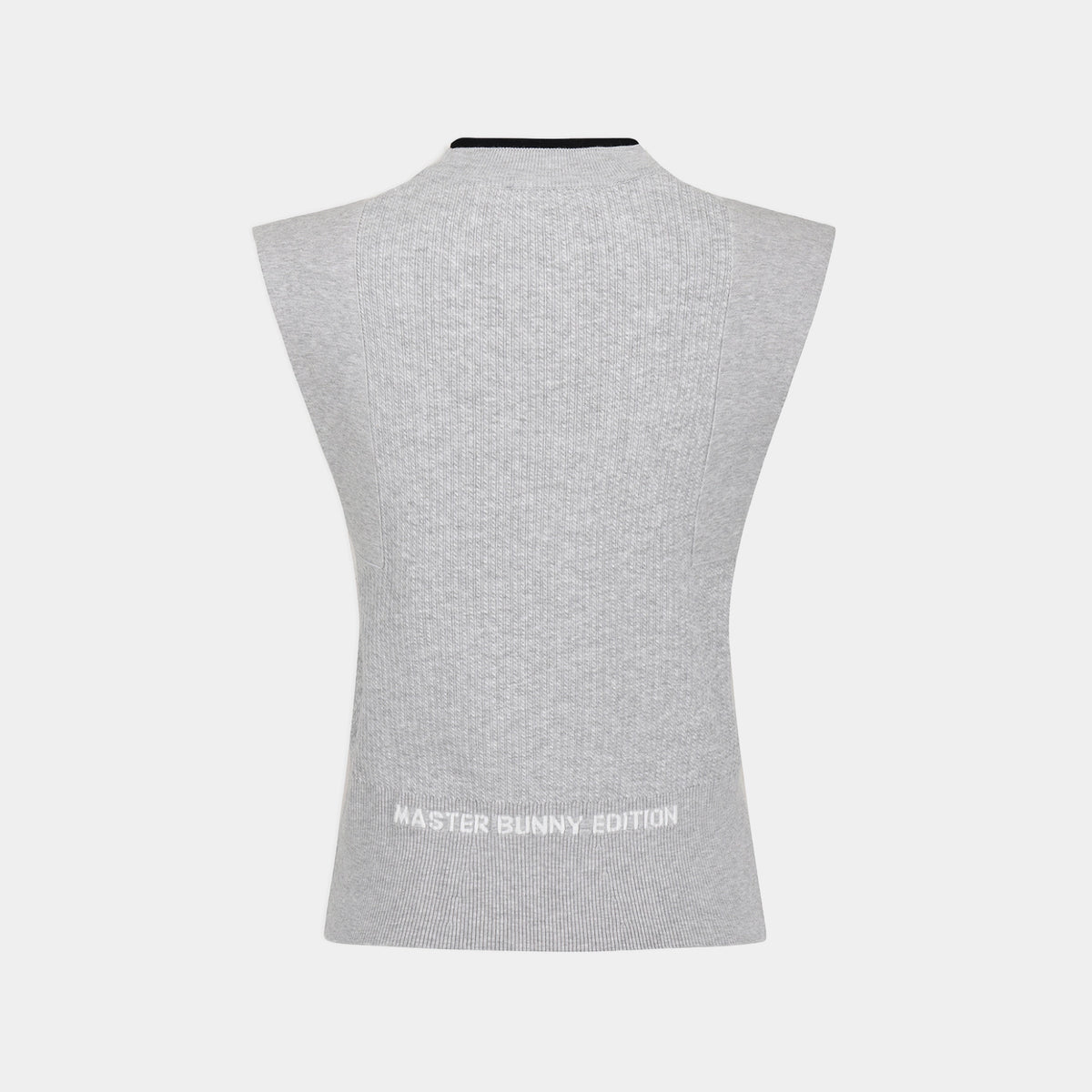 A light gray sleeveless ribbed knit top with a mock neck, shown from the back. The bottom features the text 'MASTER BUNNY EDITION' printed in white.