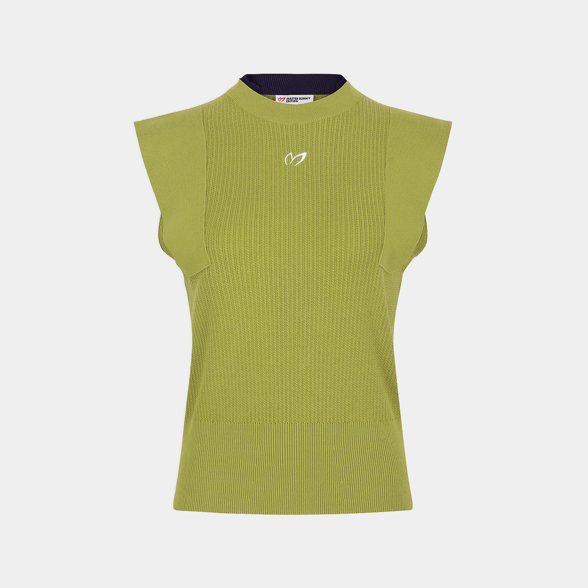 A sleeveless ribbed knit top in olive green with a small white logo on the chest, displayed on a light gray background.