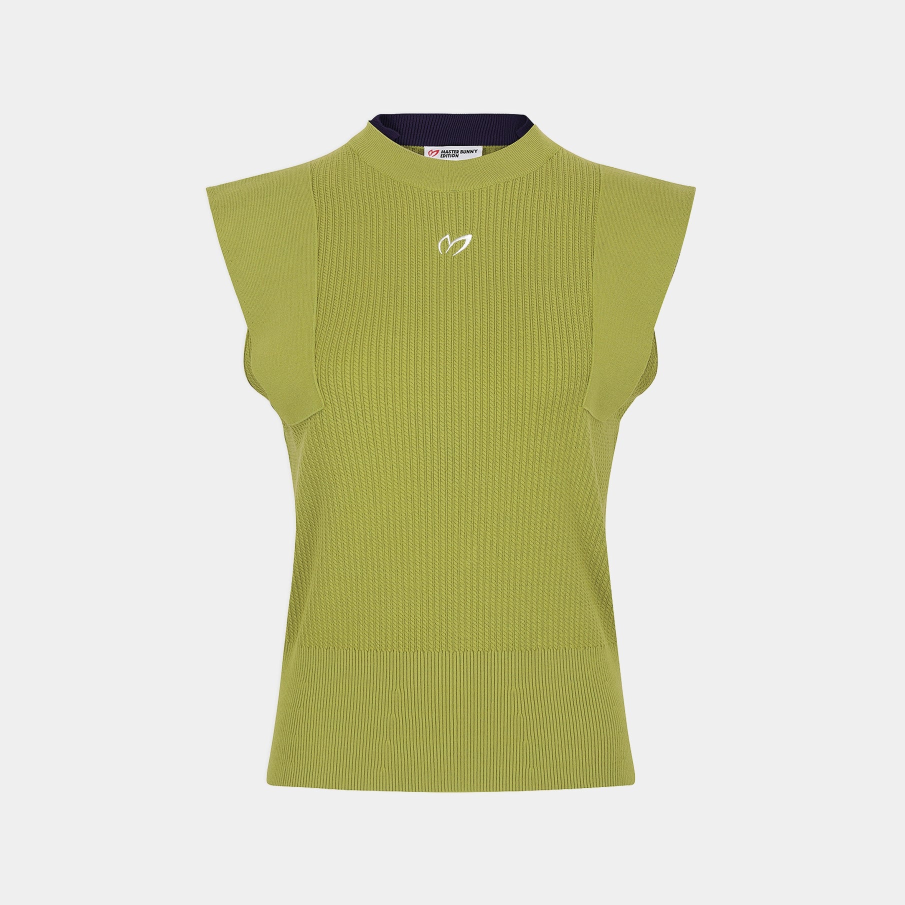 A sleeveless ribbed knit top in olive green with a small white logo on the chest, displayed on a light gray background.