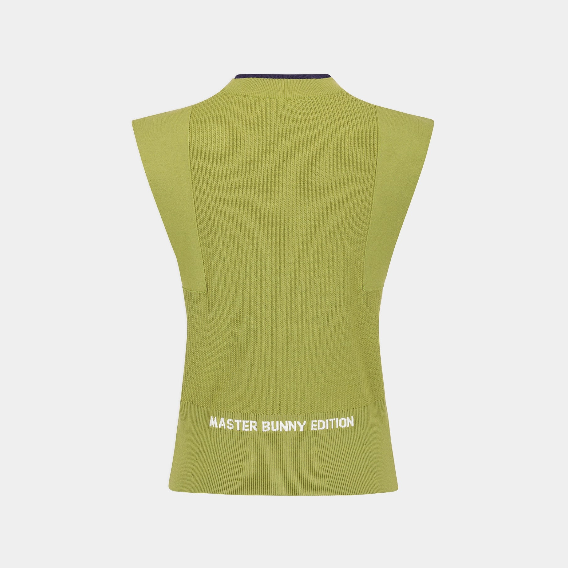 A sleeveless ribbed knit top in a muted olive green color, shown from the back. It features a mock neck with a thin dark navy blue trim, side pockets, and white text reading 'MASTER BUNNY EDITION' near the bottom hem.