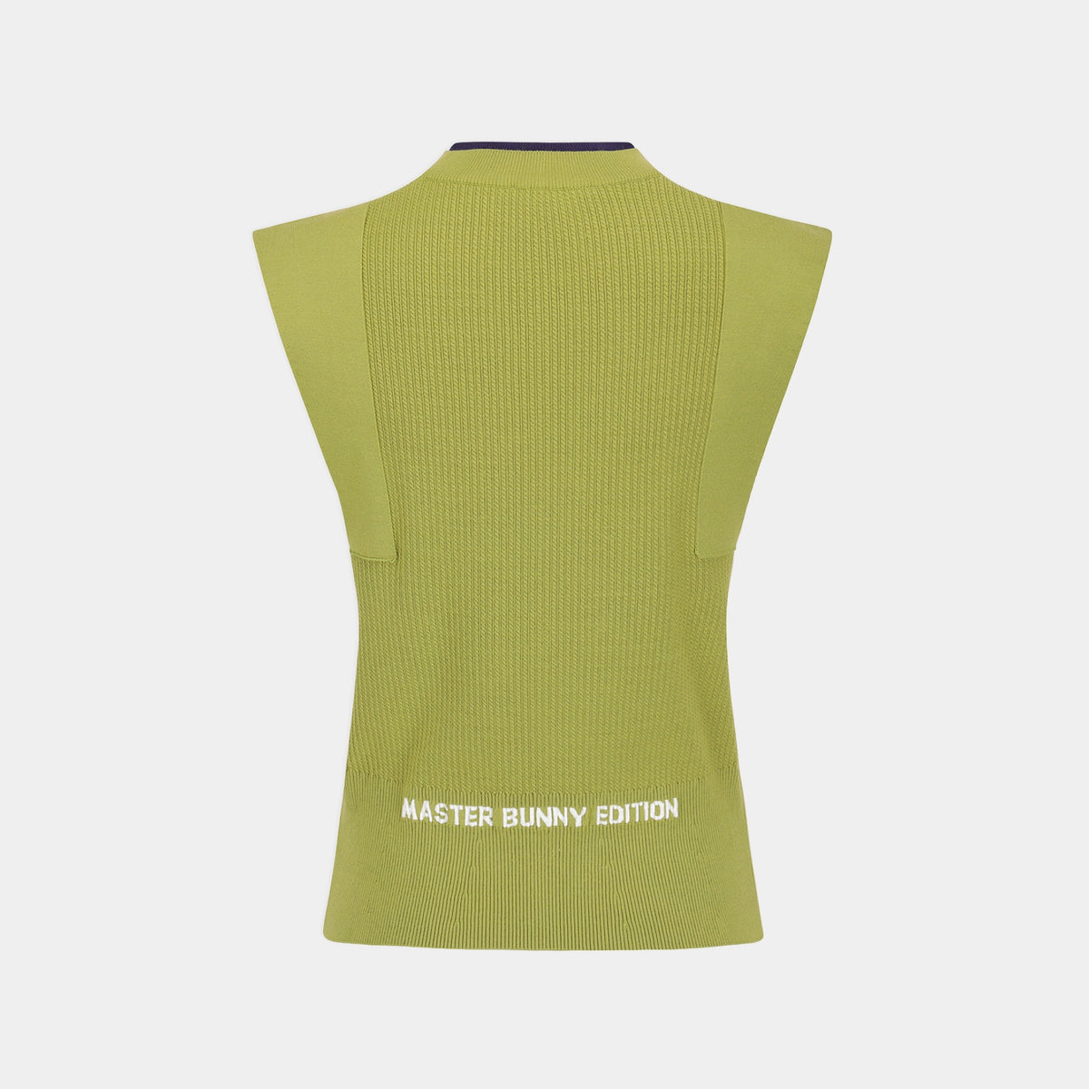 A sleeveless ribbed knit top in a muted olive green color, shown from the back. It features a mock neck with a thin dark navy blue trim, side pockets, and white text reading 'MASTER BUNNY EDITION' near the bottom hem.