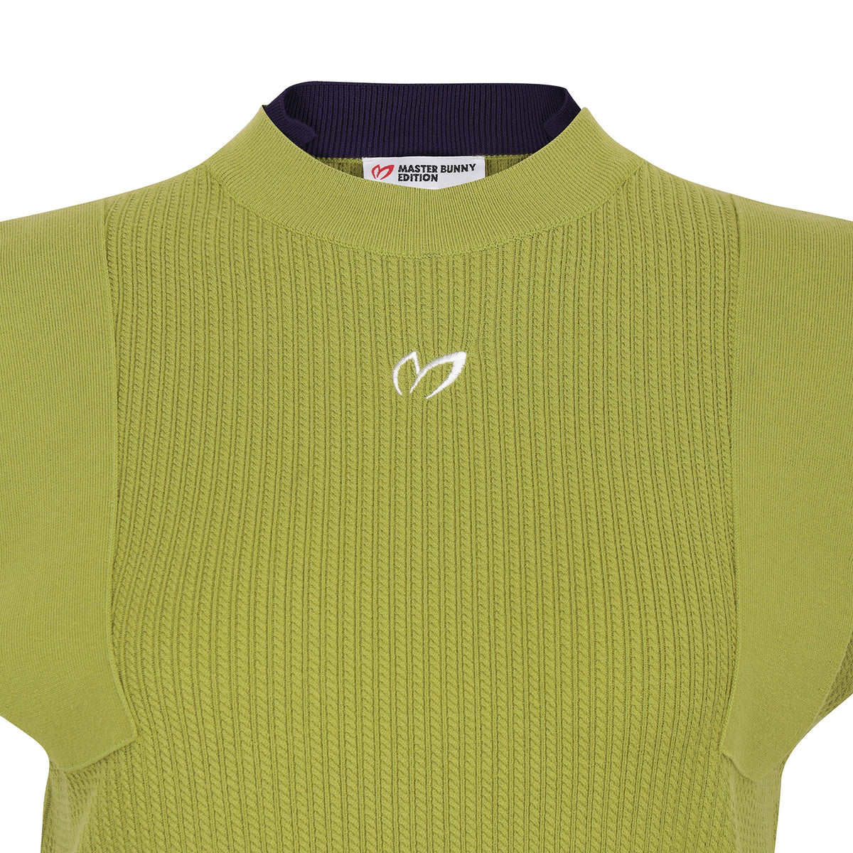 Close-up of a ribbed knit short-sleeve top in olive green with a dark navy collar and a small white embroidered logo on the chest. The neck label reads 'Elster Bunny Design'.