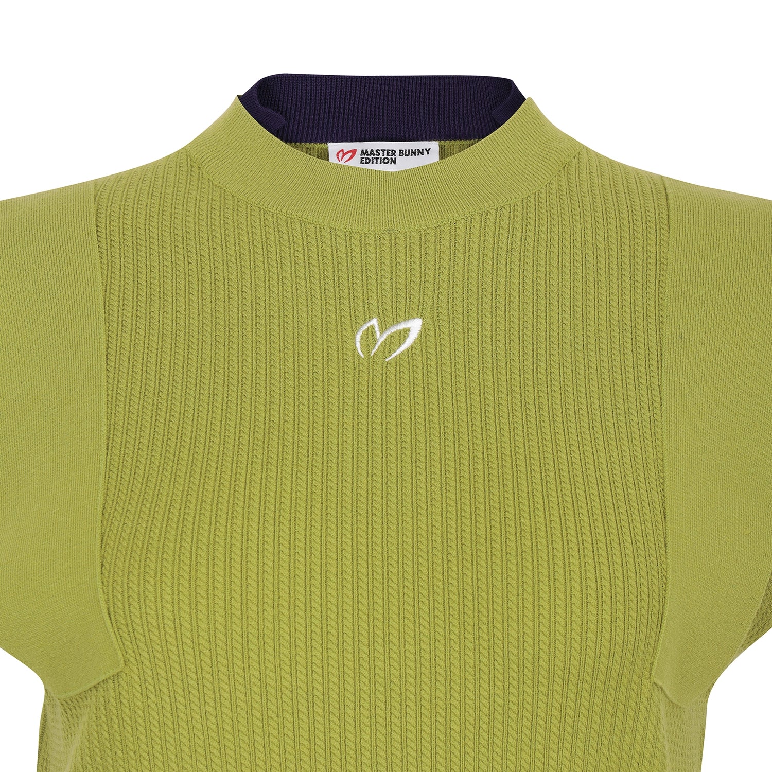 Close-up of a ribbed knit short-sleeve top in olive green with a dark navy collar and a small white embroidered logo on the chest. The neck label reads 'Elster Bunny Design'.