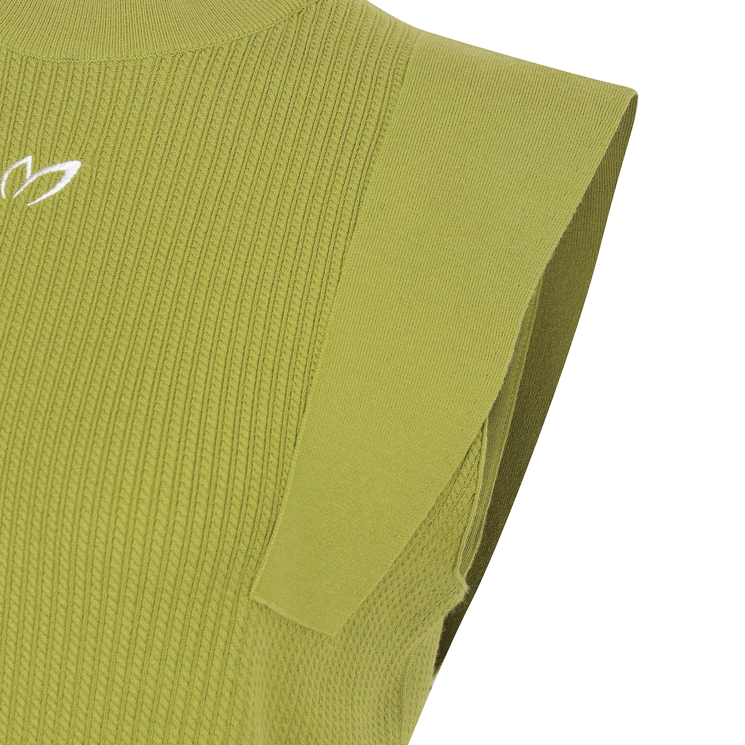 Close-up of a sleeveless ribbed knit top in a muted olive-lime green, showing the shoulder seam, underarm cutout, and a small white logo on the upper chest against a white background.