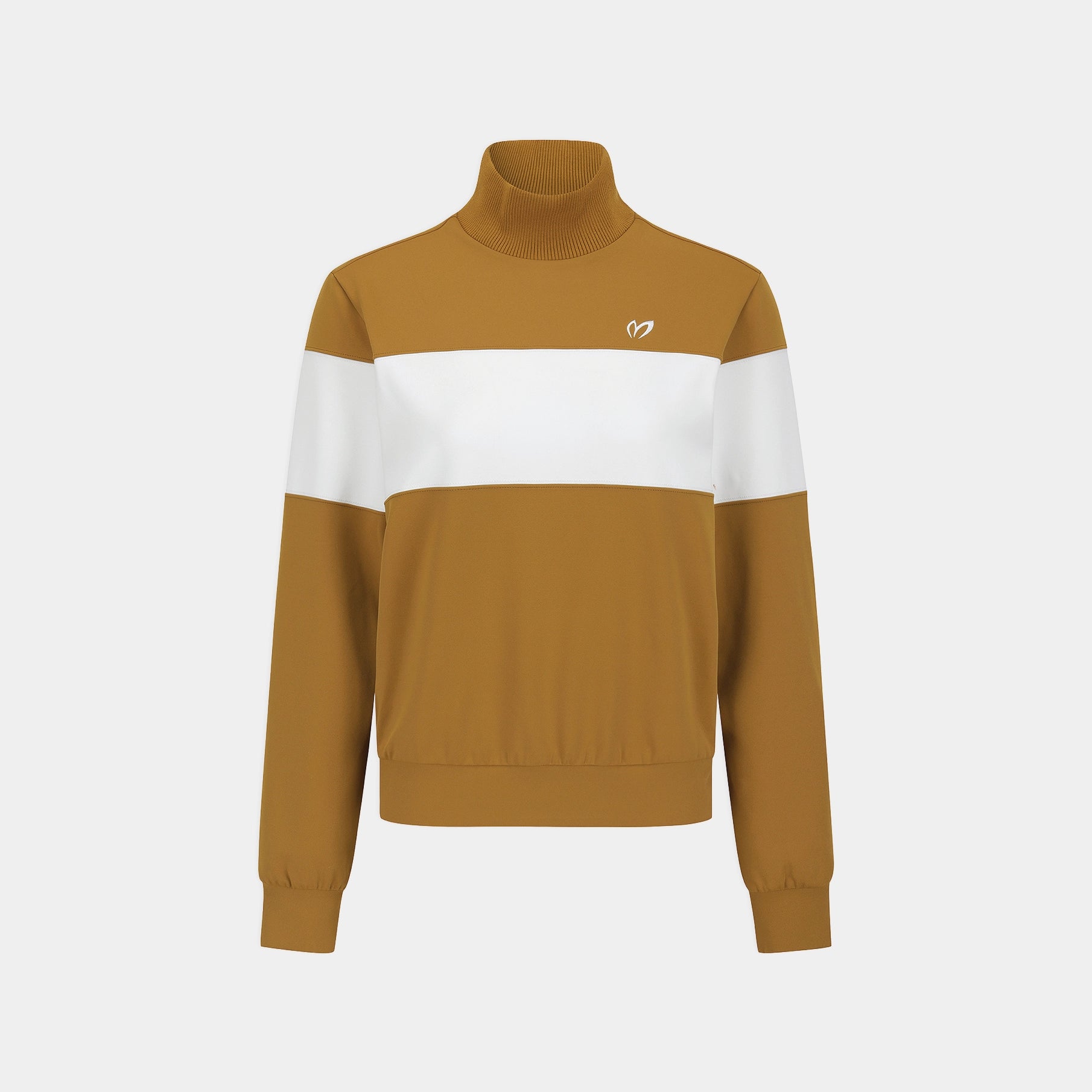 A long-sleeve mock neck sweatshirt in a warm camel brown color with a wide white horizontal stripe across the chest and shoulders, featuring a small white embroidered logo on the left chest, shown against a light gray background.