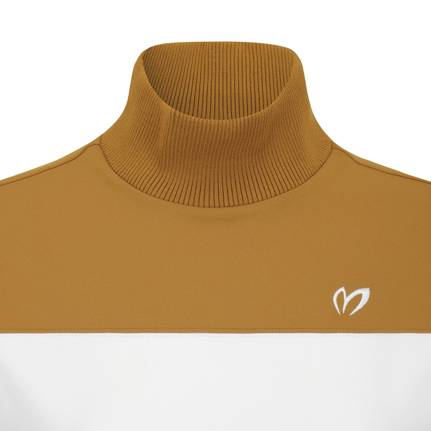A close-up of a mustard brown ribbed turtleneck sweater with a small white embroidered logo on the left chest, set against a clean white background.