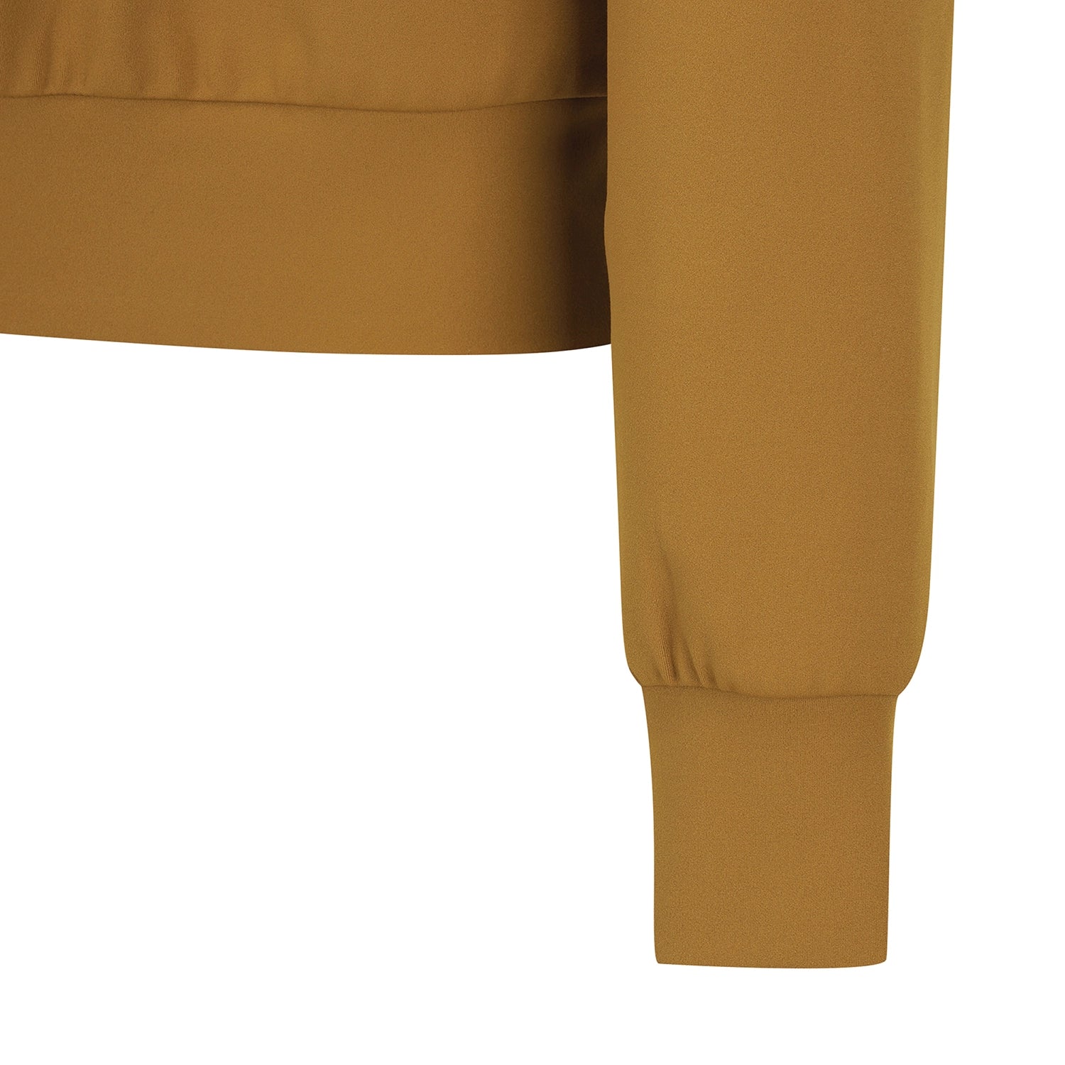 Close-up detail of a mustard yellow garment showing the side seam, a long sleeve with a ribbed cuff, and part of the hem against a white background.