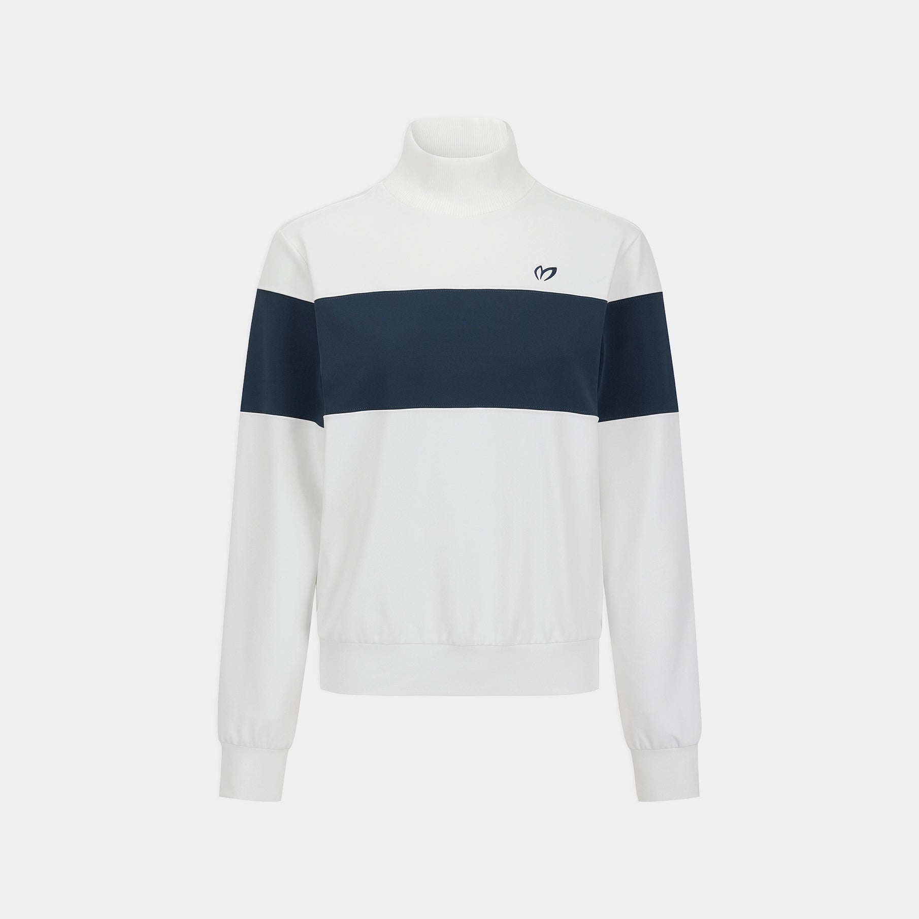 A white and navy blue colorblock mock-neck sweatshirt with a small embroidered logo on the left chest, displayed on a clean light gray background.