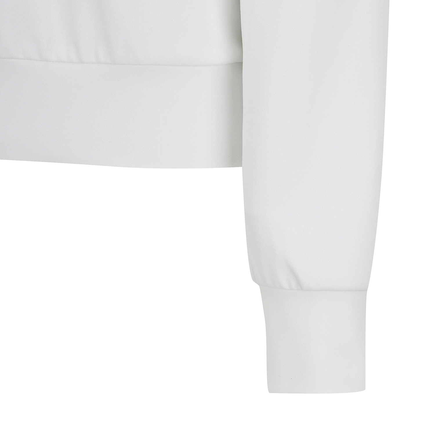 Close-up detail of a white long-sleeve cropped jacket, showing the sleeve, cuff, and side seam against a plain white background.
