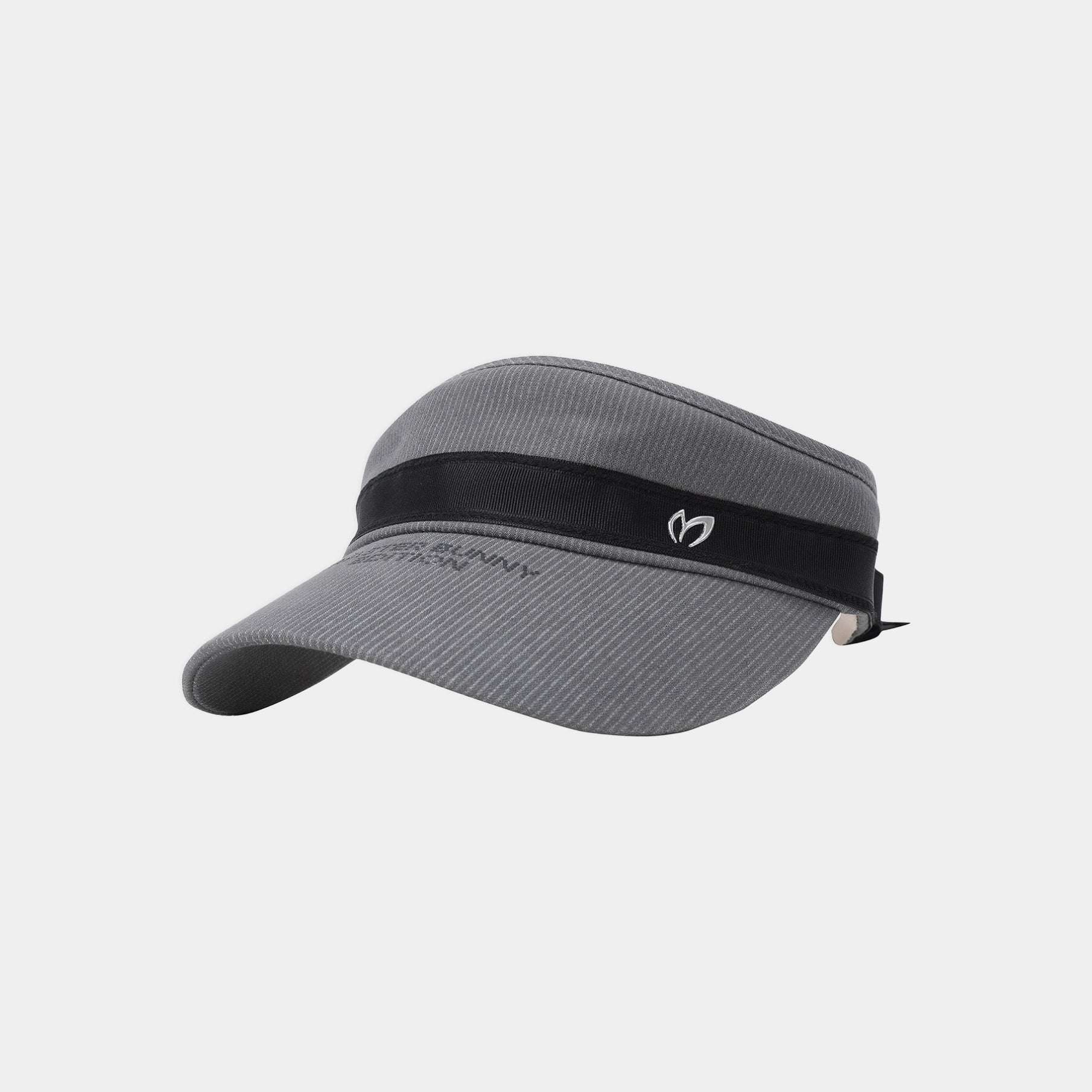 A gray visor hat with a black band around the crown and a small white logo on the side, shown against a light gray background.