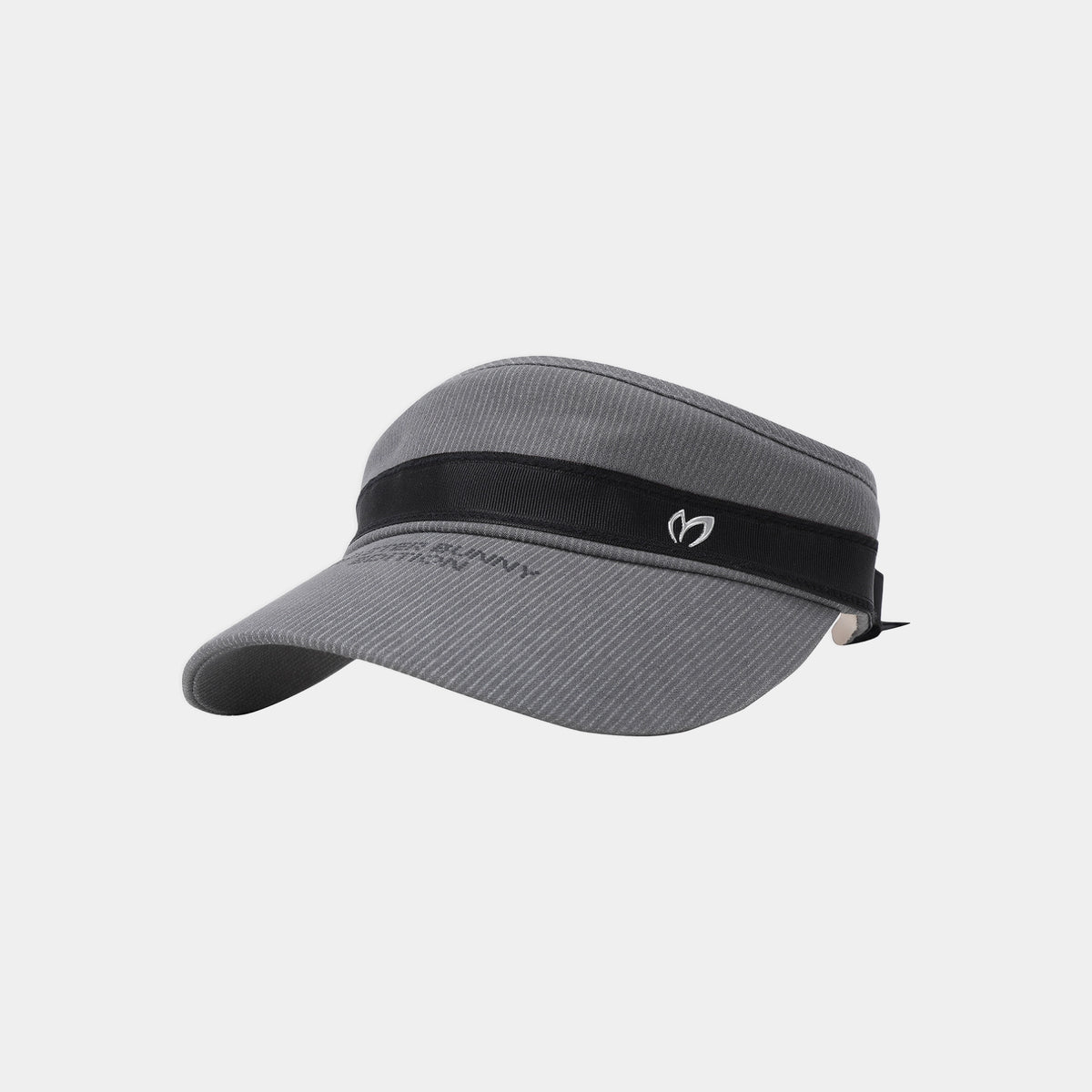 A gray visor hat with a black band around the crown and a small white logo on the side, shown against a light gray background.