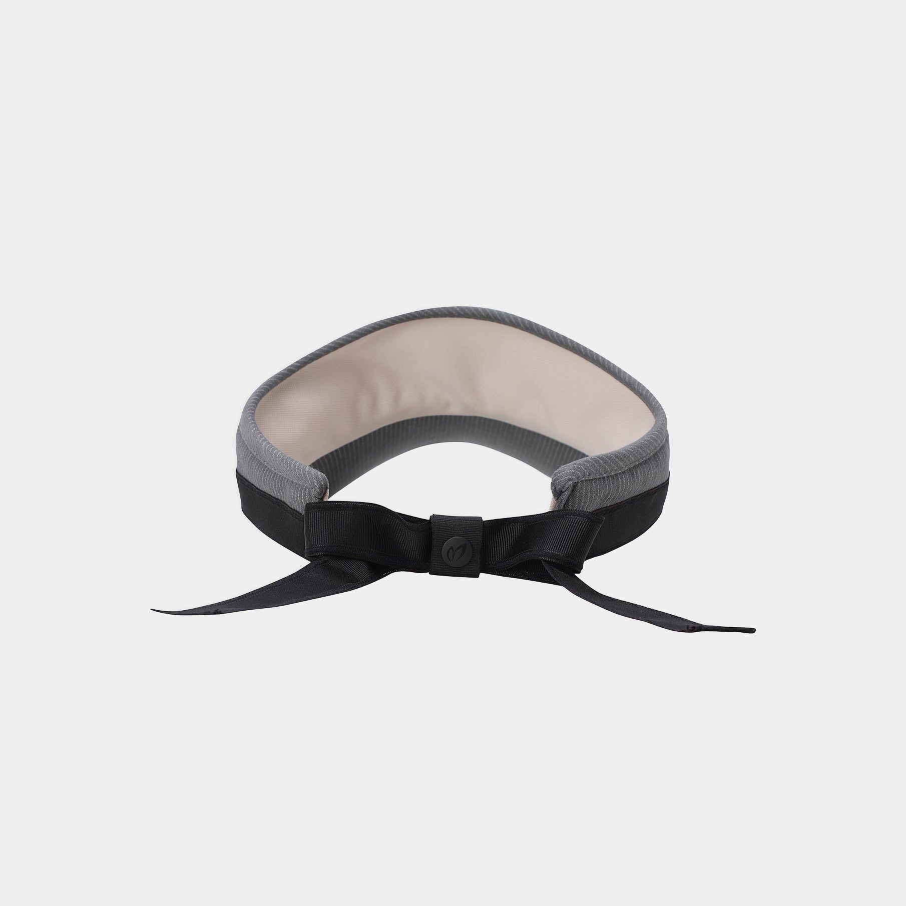 A padded waist support belt with a gray fabric exterior, a beige interior lining, and a black ribbon bow at the front, shown on a light gray background.