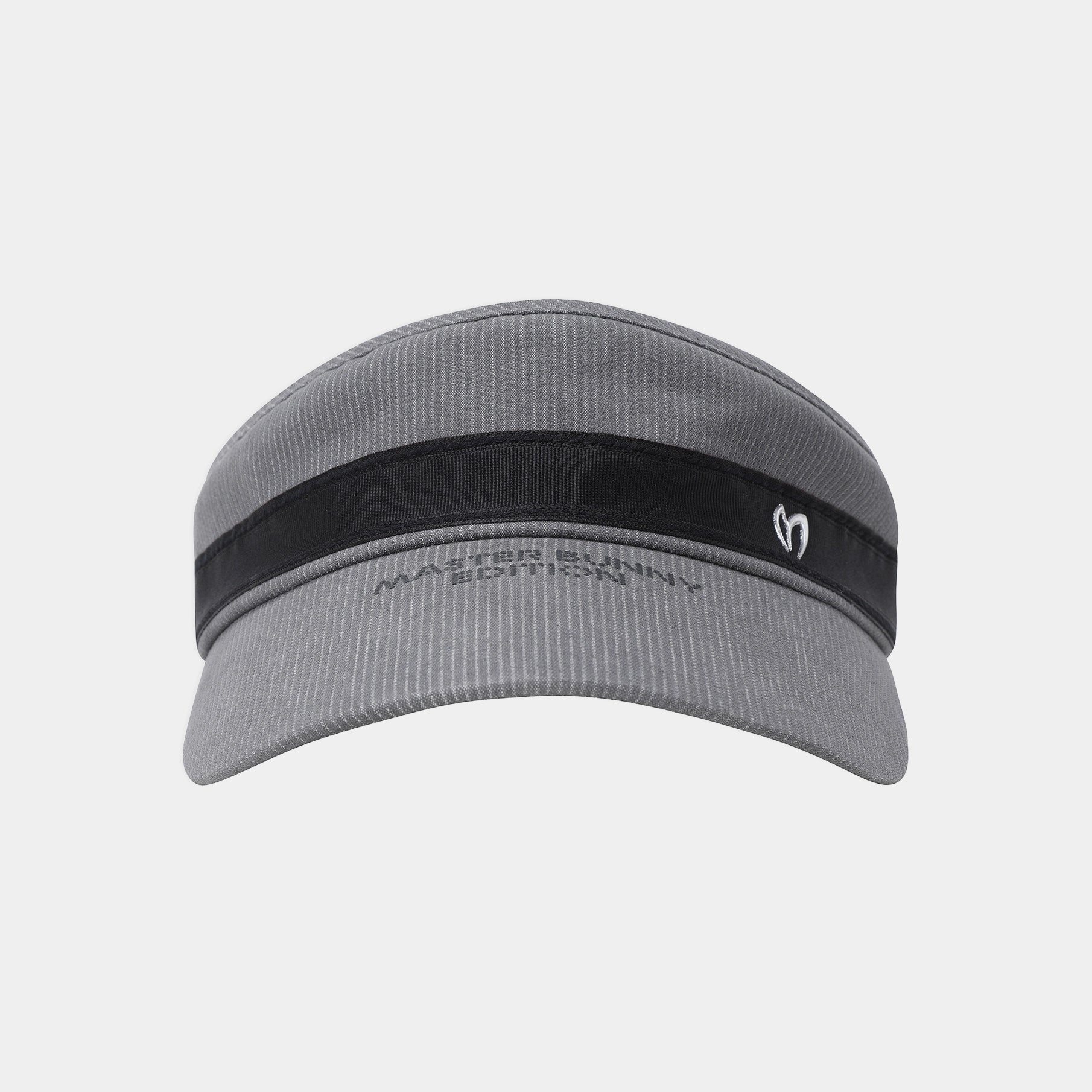 A gray ribbed visor with a black horizontal band across the front, featuring white embroidered text and a small white logo on the side, set against a light gray background.